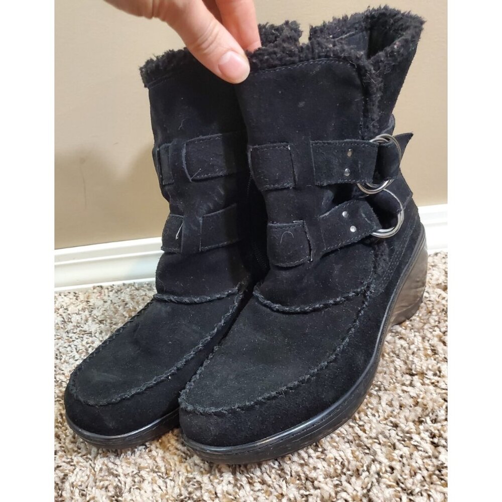 Soft Walk Black Zip Up Leather Upper Buckle Accent Adjustable Boots Sz 9M